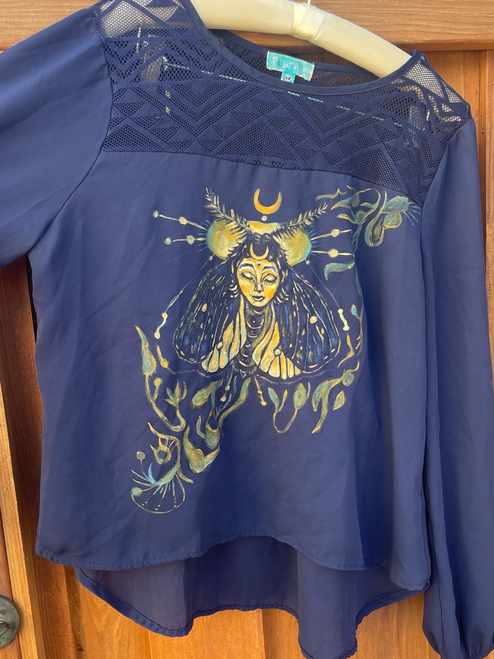Hand-Painted Moth Fairy Celestial Whimsigoth Women's Top Art Artist Navy artsy